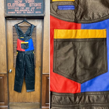 Vintage 1980’s Ultimate New Wave Hip Hop Color Block Leather Overalls, Leather Pants, Avant Garde, Vintage Color Block, Hip Hop, New Wave 