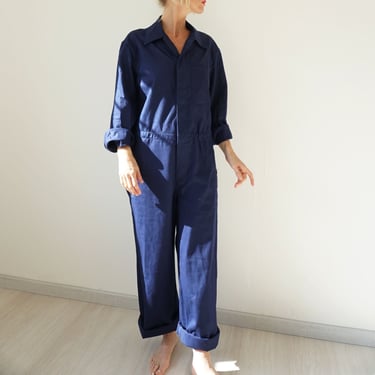 Vintage Deep Indigo Cotton Coverall | Herringbone Utility Coveralls  | Jump Suit Jumpsuit | Cotton Navy Mechanic | Boilersuit Boiler Suit 