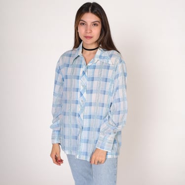 Checkered Floral Top 70s Blouse White Button Up Long Sleeve Shirt Collared Boho Hippie Blue Plaid Flower Print Retro Vintage 1970s Large L 