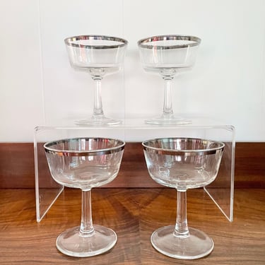 Set of 4- Vintage Champagne Cocktail Coupe Glasses; Silver Rim Pattern 