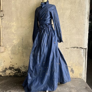 Antique 1920s Gold Paper Star Dress Blue Cotton Midnight Sky Gown Maxi Costume
