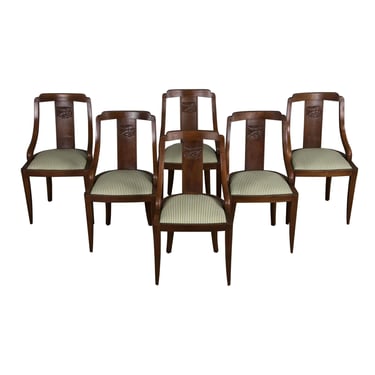 1930s French Art Deco Gondola Walnut Dining Chairs W/ Striped Green Fabric - Set of 6 