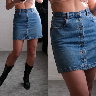 Vintage 90s Calvin Klein Jeans Medium Wash High Waisted Denim Skirt w/ CK Button Logo Front | Made in USA | 1990s CK Designer Denim Skirt 
