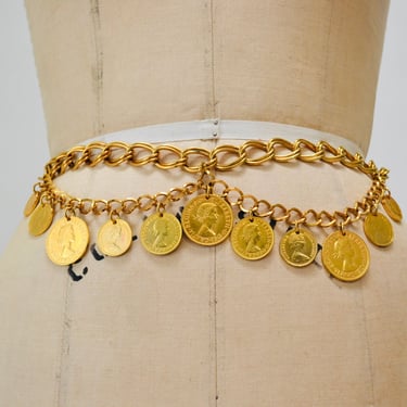 Vintage Gold Chain Coin Belt Gold Metallic Gypsy Gold Chain Coin Charm Belt SMALL Medium Large Vintage ONE Penny QUEEN Regina Elizabeth 1967 