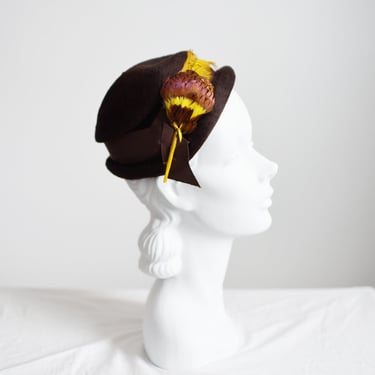 40s/50s Brown Cap with Yellow Feather 