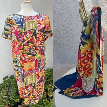 Vintage Nipon Boutique silk sheath short dress with scarf fall colors Sz 10 