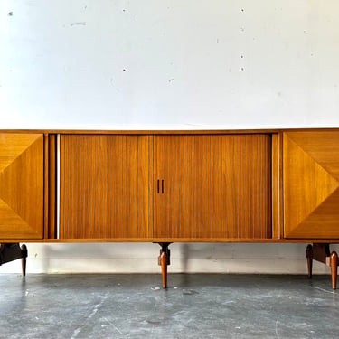 Sculpted diamond front walnut credenza mcm 