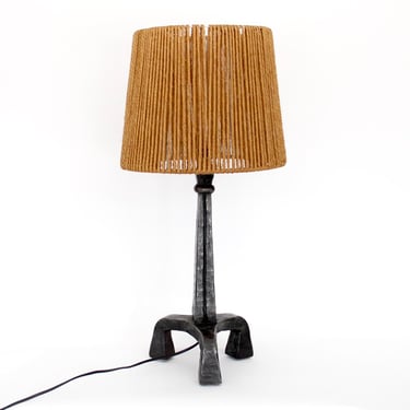 French Table Lamp In Fer Battu or Hammered Hand Wrought Iron 