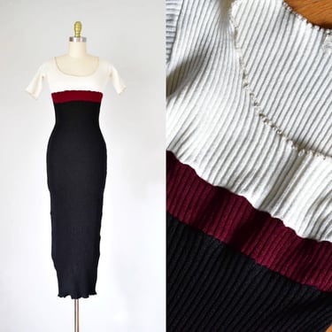 vintage 90s colorblock maxi dress, knit bodycon dress, black dress, 90s vintage, sexy dress, sweater dress 