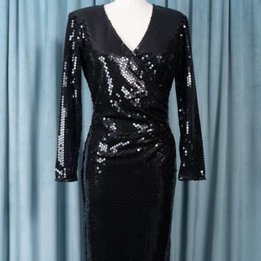 Sparkly 80s Black Stretch Sequin Ruched Sheath Dress by Midnight Glo 