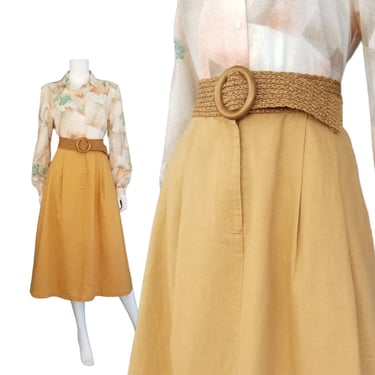 Vintage Cotton Skirt, Large / Sand Brown Pleated Skirt / 80s Midi Skirt with Pockets / Linen Blend Market Skirt / Cottagecore Day Skirt 