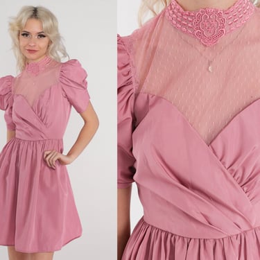 Pink Party Dress 70s Puff Sleeve Mini Dress Sheer Lace Illusion Sweetheart Neckline High Neck Floral Trim Victorian Vintage 1970s 2xs xxs 