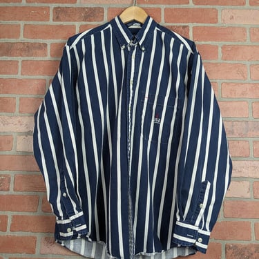 Vintage 90s Nautica Embroidered Logo Striped ORIGINAL Button Down Shirt - Large 