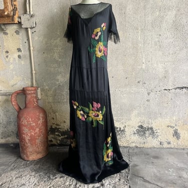Antique 1920s Black Satin Maxi Dress Colorful Beaded Flowers Net Cuff Bias 1930s
