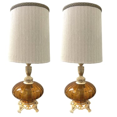 vintage 1960s mid century modern Hollywood regency pair amber glass lamps restored 