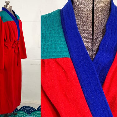 Vintage Anne Leslie Robe Velvet Open Front Long Sleeves Pajamas Housecoat Belted Pockets 1980s Unisex Primary Red Blue Green Large XL 