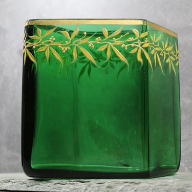 Vintage Painted Glass Vase | Emerald Green and Gold Vase | Small Rectangular Vase | Hand Painted 