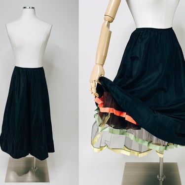 1950s Black Acetate Salsa Dancing / Can-can Crinoline Skirt w Coral, Green & Yellow Ribbon Strip  XS-S | Petticoat, Swing Dance, Mid Century 
