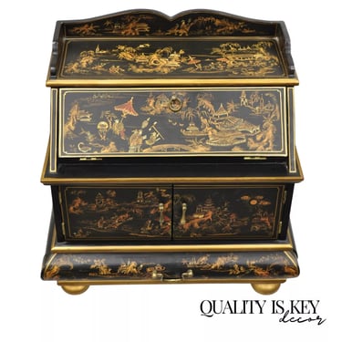 Decorative Chinoiserie Bombe Style Black Lacquer Oriental Jewelry Box