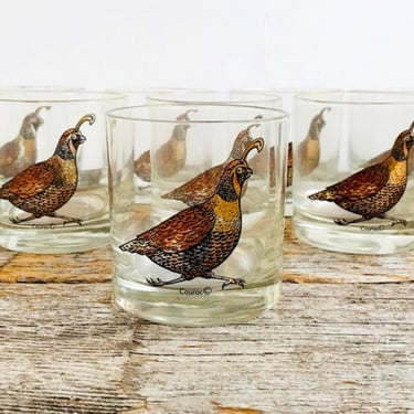 Mid Century Glass Barware / 4 Old Fashioned Cocktail • Whiskey • Rocks Glasses / Vintage Couroc Quail Lowball Tumblers 