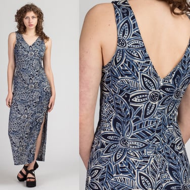 90s Grunge Floral High Slit Maxi Dress - Medium | Vintage Boho French Connection Blue Sleeveless Sundress 