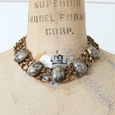 vintage wide copper chain & stone necklace • marbled gray pinolith heavy metal necklace 