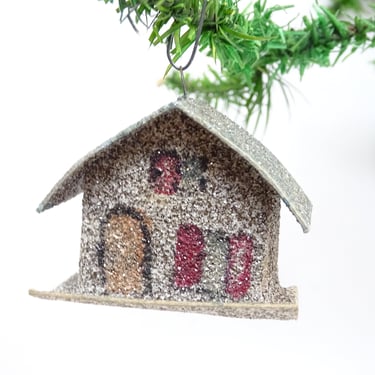Antique 1950's Christmas Ornament, Glittered Cardboard House, Vintage Holiday Decor 