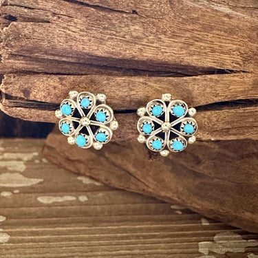 SMALL TURQUOISE PINWHEEL Sterling Silver Stud Earrings | Zuni Handmade | Native American Southwestern Jewelry 