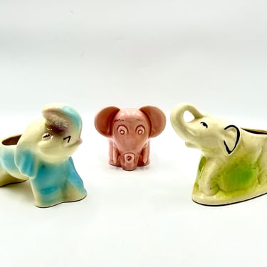 Vintage Elephant Planters, Ceramic Pottery Planter, Succulent, Trinket, Cup, Pink Elephant, Lime Green, Baby Blue Planters 