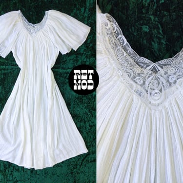 JUST BEAUTIFUL Vintage 70s White Grecian Muumuu Open-Size Dress with Lace 