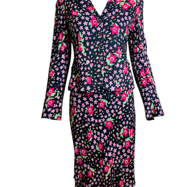 Moschino 2000's Black and Pink Floral Skirt Suit