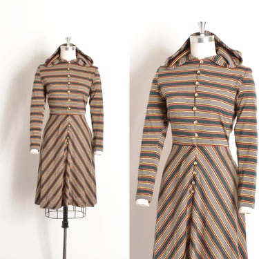 Vintage 1970s Dress / 70s Striped Wool Hooded Dress / Green Gray Orange ( medium M ) 
