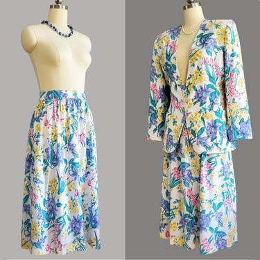 1980s Blazer and Skirt Set by Lucia -  80s Floral Set - 80s Women's Vintage Size XL 
