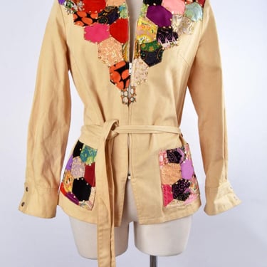 60's Hippie Patchwork Denim Jacket, Late 1960's 1970's Vintage Ivory Jean Belted Drawstring Jacket 