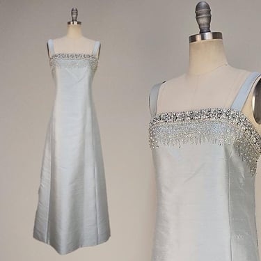 1960s Gown / Blue Formal Dress / Silk Shantung Gown / 1960s Evening Dress / Ice Blue Dress / Beaded Gown / Size Medium 
