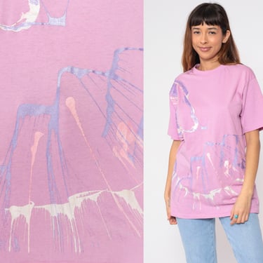 Metallic Paint Splatter Shirt 90s Pink T-Shirt Abstract Print Spin Art Graphic Tee Hippie Psychedelic Single Stitch Vintage 1990s Large L 