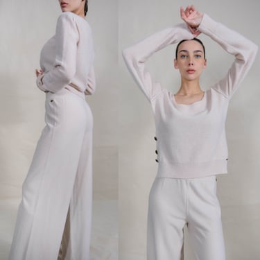 Vintage SONIA RYKIEL Taupe Cashmere Blend Sweater Blouse & Wide Leg Pant Set | Made in Italy | 1980s French Designer Flare Leg Pant Set 
