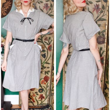 1940s Dress // Gingham Cotton Dress with Studded Detail // vintage 40s dress 