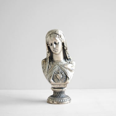 Vintage Silver Plated Bust of Mary with a Bleeding Heart, Immaculate Heart Religious Statue 