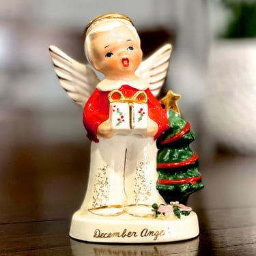 VINTAGE: 1956 - Rare NAPCO December Angel Boy Figurine - Birthday Month - A1928 - Made in Japan - Whimsical - SKU 00035138 
