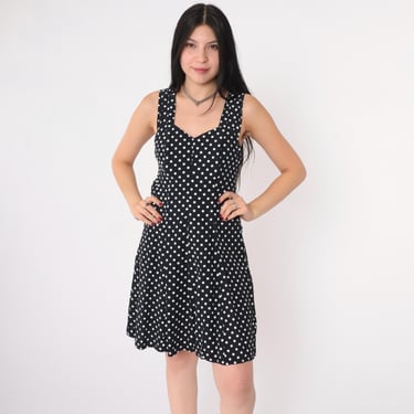 Vintage Polka Dot Sun Dress 90s Black and White Keyhole Open Back Mini Dress Sundress Sleeveless Day Retro 1990s Smocked Small Medium 