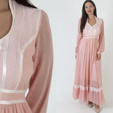 Gunne Sax Romantic Renaissance Collection Dress / Pink Jessica McClintock Bridal Gown / Vintage 70s Prairiecore Corset Maxi Size 13 