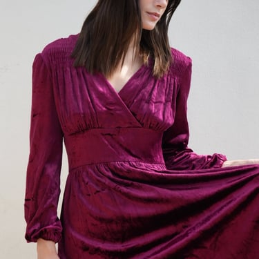 Vintage Velvet Dress / Long Sleeve Midi Dress / Velvet Burgundy 1970's 1980's / Haute Hippie Midi Dress 