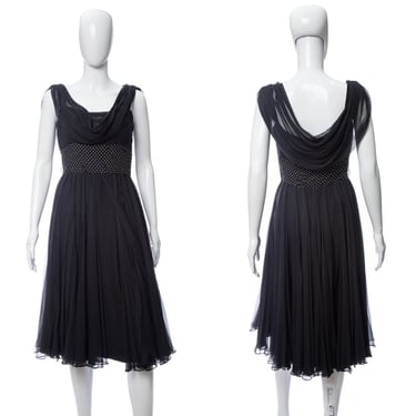1950's Mignon Black and Rhinestone Detail Silk Chiffon Dancing Dress Size S