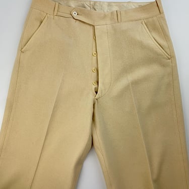 1920's Wool Flannel Trousers - Flat Front Panel - Butter Yellow Wool - Button Fly - Cuffed - Concealed Watch Pocket - 32 Inch Waist 