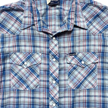 Vintage WRANGLER Western Shirt ~ XL ~ Pearl Snap Button ~ Cowboy /  Rockabilly ~ Plaid ~ Made in USA 