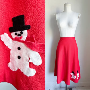 Vintage 1960s Red Snowman Applique Skirt / 26
