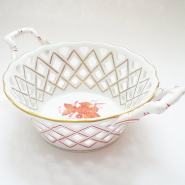 Herend Openwork Porcelain Basket 7413, Chinese Bouquet Rust Apponyi Pierced Dish - Elegant Collectible Tabletop Decor 