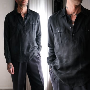 Vintage 90s POLO Ralph Lauren Black Linen Pullover Long Sleeve Chore Style Shirt | 100% Linen | Size Med | 1990s RL Designer Mens Shirt 