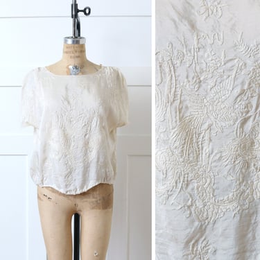 antique Chinese embroidery silk blouse • dragon & phoenix ivory embroidered pullover top 